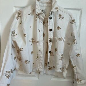 Zara Cropped Raw Hem Embroidered Boxy Cotton Jacket